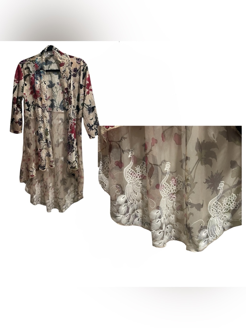 Anis A Topper Womens Large Coverup Floral Embroidered Open Sheer Duster Artsy